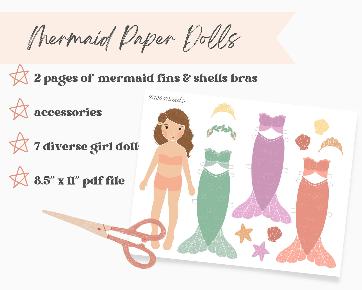 Mermaid Paper Dolls Printable Activity Craft Mermaid Birthday Part Gift Princess Party Favor Homeschool Kindergarten Montessori
