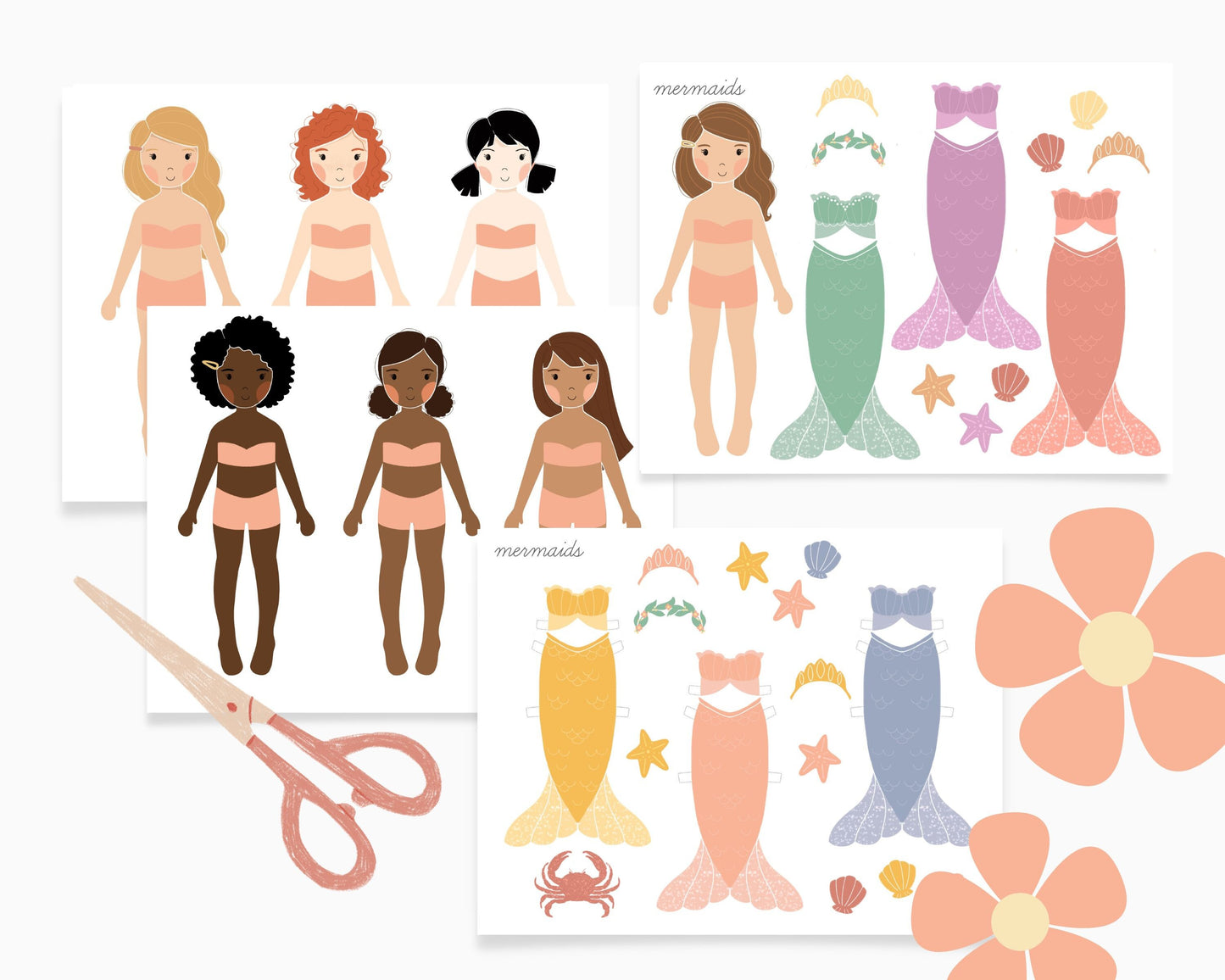 Mermaid Paper Dolls Printable Activity Craft Mermaid Birthday Part Gift Princess Party Favor Homeschool Kindergarten Montessori