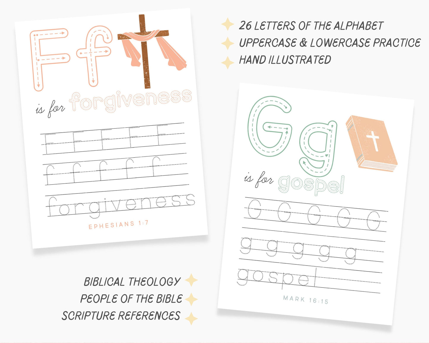 Alphabet ABC Scripture Tracing Cards, Bible Verse Activity, Homeschool Kindergarten, Pre-K Handwriting Letter Tracing Practice, Bible Lesson