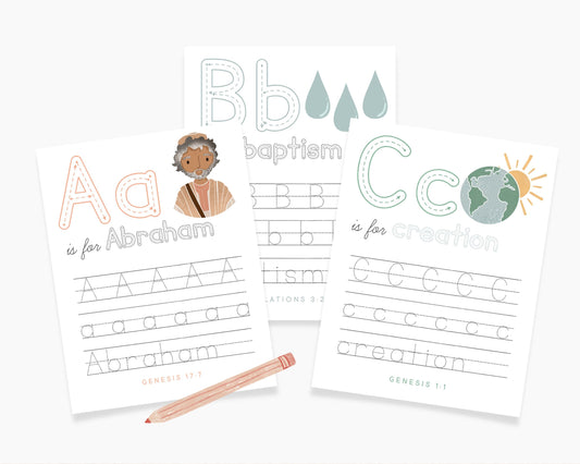 Alphabet ABC Scripture Tracing Cards, Bible Verse Activity, Homeschool Kindergarten, Pre-K Handwriting Letter Tracing Practice, Bible Lesson