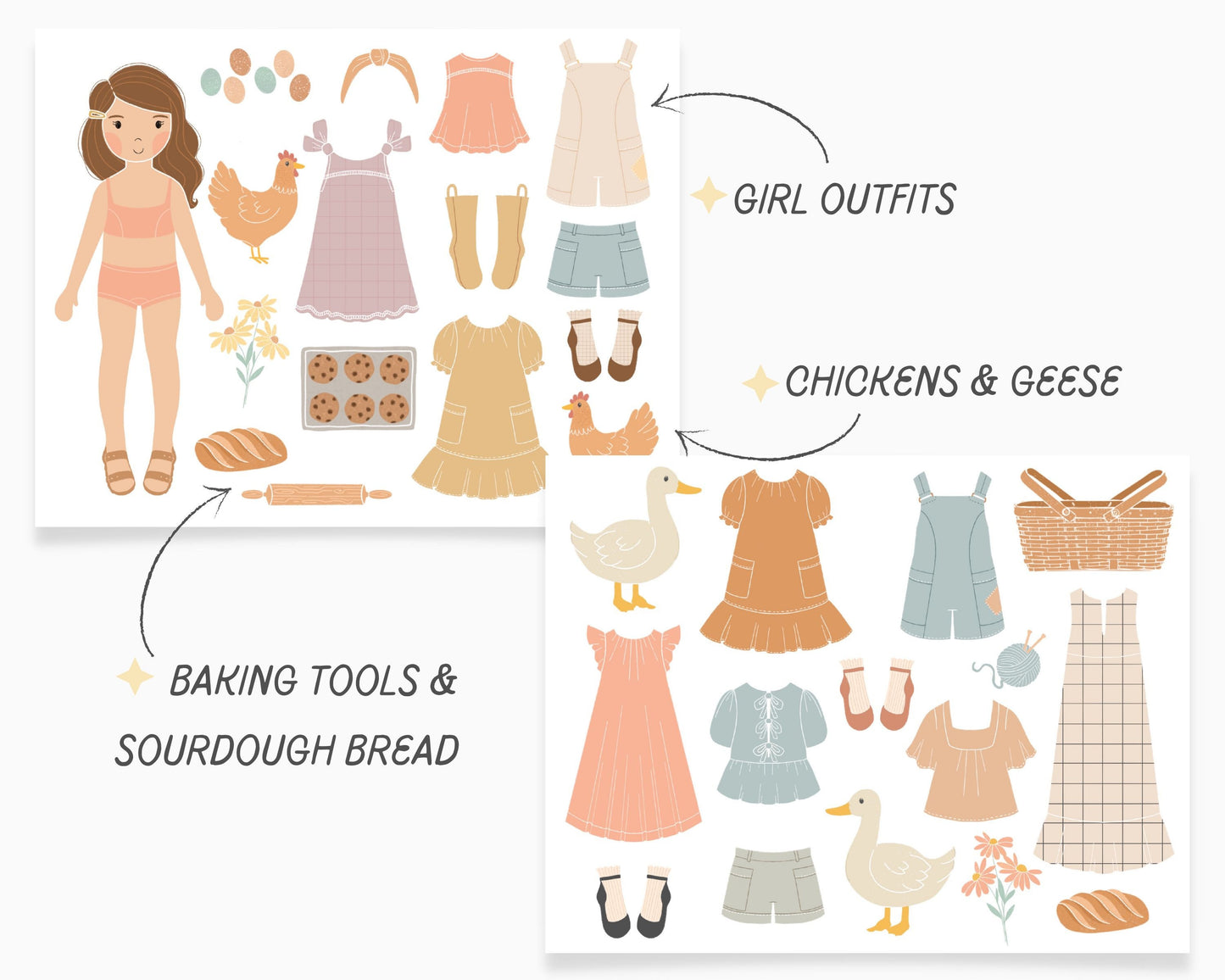 Paper Dolls Homestead Homeschool Collection, Kindergarten Activity, Farm & Baking, Paper Cut Out Printable Dolls Craft, Morning Basket Pre K
