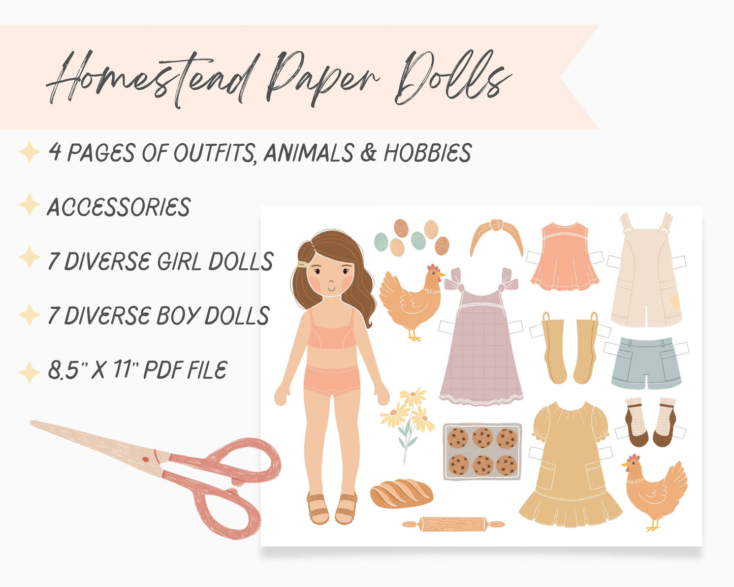 Paper Dolls Homestead Homeschool Collection, Kindergarten Activity, Farm & Baking, Paper Cut Out Printable Dolls Craft, Morning Basket Pre K