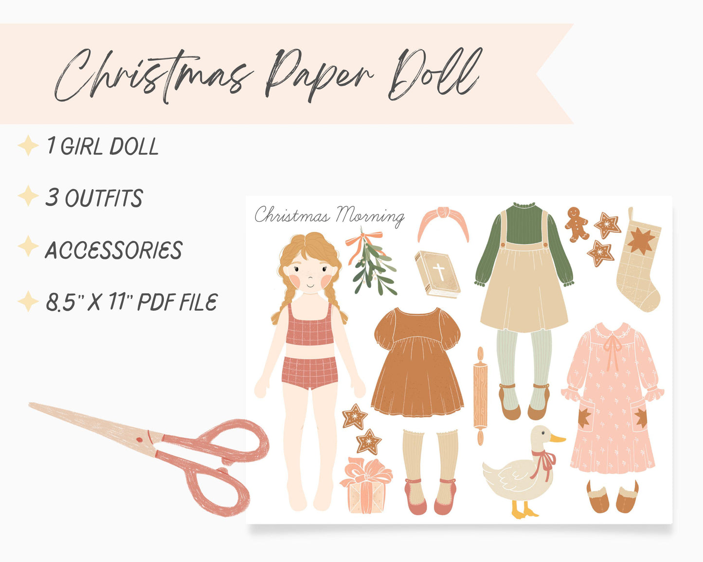Christmas Paper Doll Kit Printable Activity Craft, Stocking Stuffer Little Girl, Homemade Christmas Gift, Vintage Inspired Paper Doll