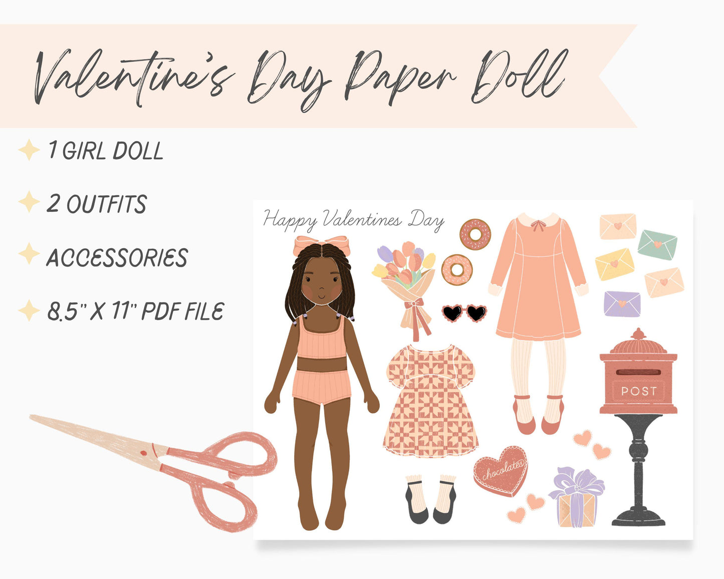 Valentines Day Paper Doll Kit Printable Activity Craft, Valentines Little Girl, Homemade Valentines Gift, Galentines Party Favor, Paper Doll