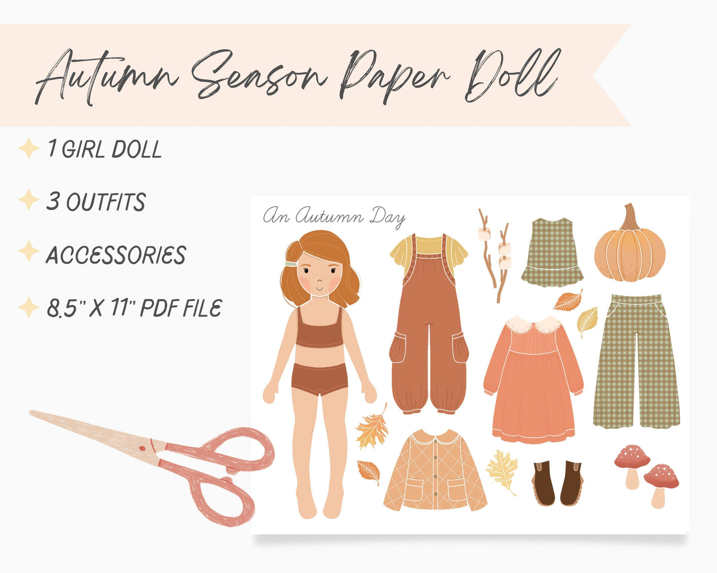 Autumn Fall Paper Doll Kit Printable Activity Craft, Fall Acitivty for Little Girl, Homemade Gift, Vintage Inspired Paper Doll, Cozy Fall