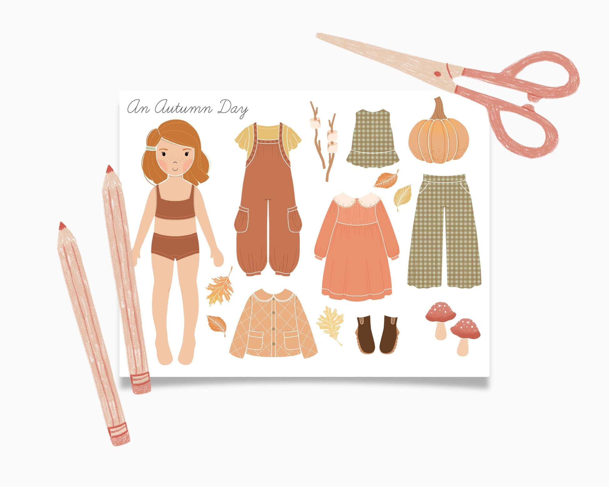 Autumn Fall Paper Doll Kit Printable Activity Craft, Fall Acitivty for Little Girl, Homemade Gift, Vintage Inspired Paper Doll, Cozy Fall