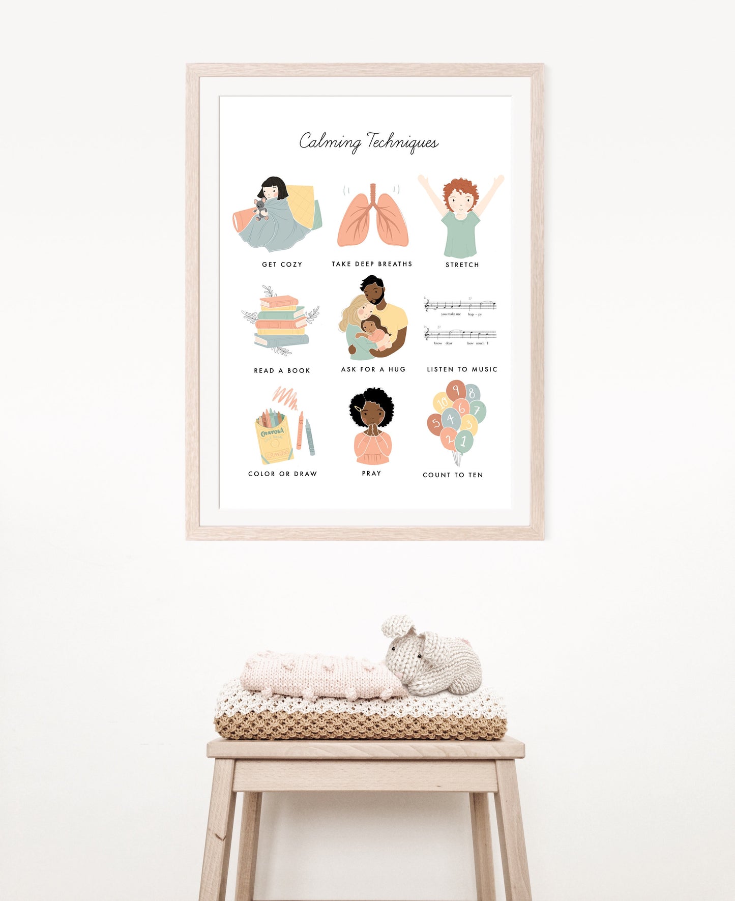 Calming Techniques Chart Illustration Poster| Calming Corner, Montessori, Education, Nursery, Classroom Poster| Download Printable Art |