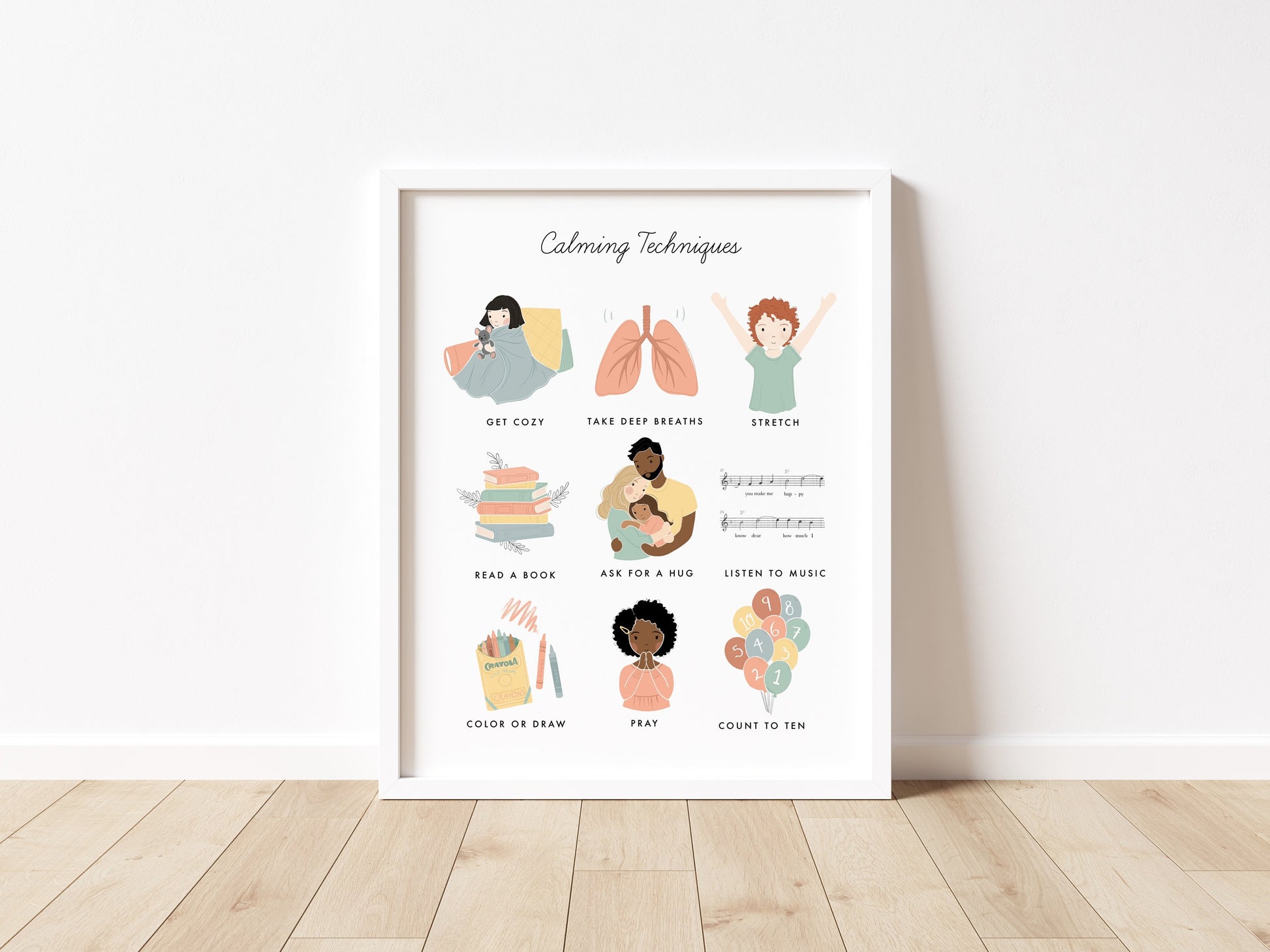 Calming Techniques Chart Illustration Poster| Calming Corner, Montessori, Education, Nursery, Classroom Poster| Download Printable Art |