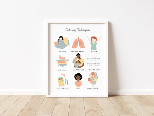 Calming Techniques Chart Illustration Poster| Calming Corner, Montessori, Education, Nursery, Classroom Poster| Download Printable Art |