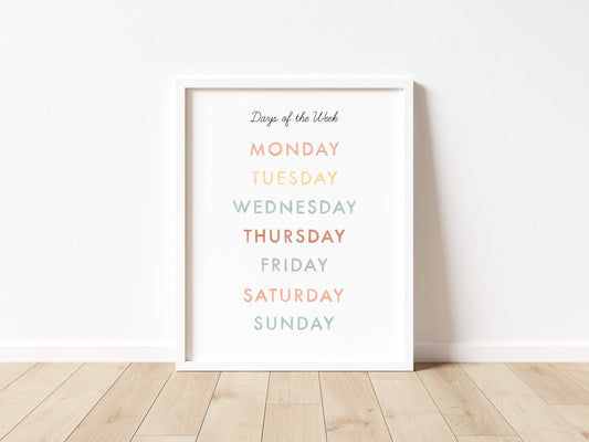 Weekdays Chart Illustration Artwork Print Poster| Calming Corner, Montessori, Education, Nursery, Classroom Poster| Download Printable Art |