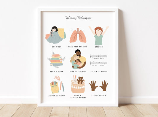 Calming Techniques Chart Illustration Poster| Calming Corner, Montessori, Education, Nursery, Classroom Poster| Download Printable Art |