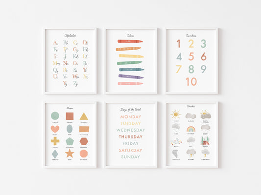 Educational Wall Art Classroom Decor Artwork, Set of 6, Homeschool Montessori Printable, Nursery Decor, Digital Download Artwork Poster
