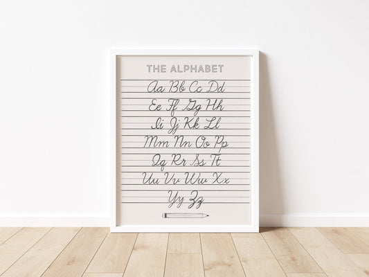 Cursive Alphabet ABC Neutral Poster Print, Calming Corner Montessori Educational Homeschool Wall Art Classroom Decor Download Printable