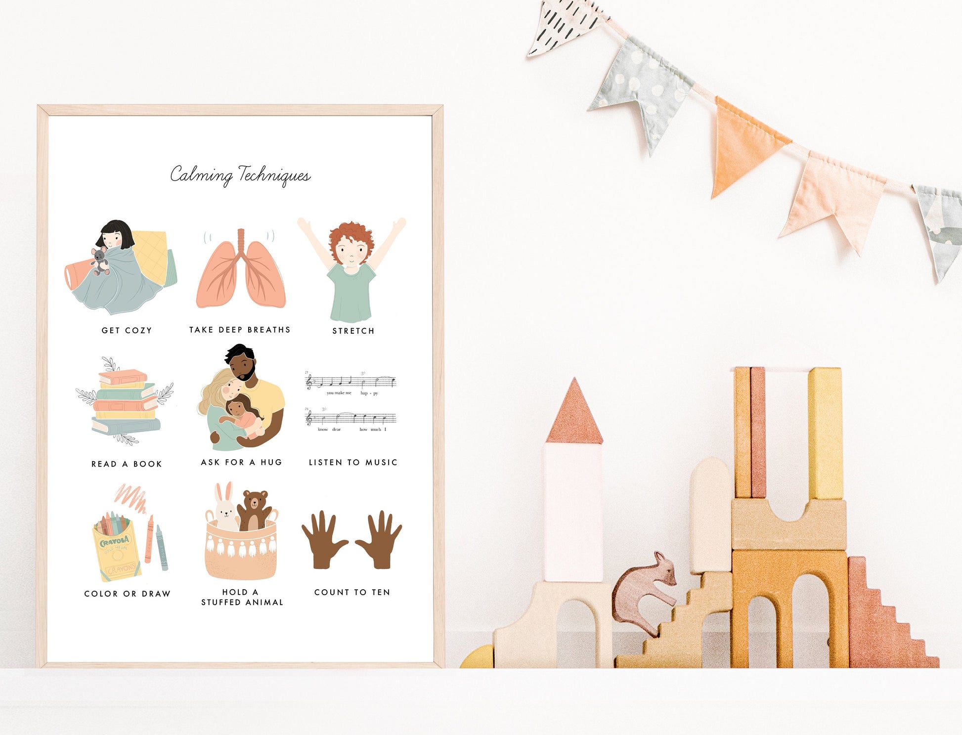 Calming Techniques Chart Illustration Poster| Calming Corner, Montessori, Education, Nursery, Classroom Poster| Download Printable Art |