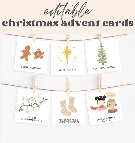 Editable Printable Advent Calendar Cards Activity Christmas Holiday Countdown Cards | Kids Toddler Homeschool Christian | Download PRINTABLE