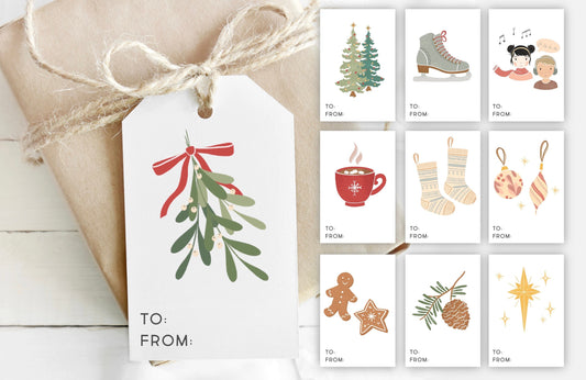 Editable Printable Christmas Gift Tags Favors Holiday | Nativity, Mistletoe, Stockings, Tree, Cookies Tags | Download PRINTABLE