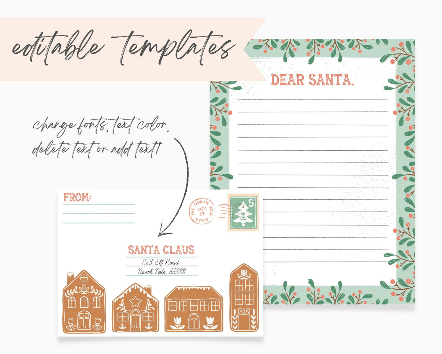Santa Letter Template and Envelope, Personalized Letter from Santa, Printable Christmas Activity, Kindergarten Holiday Activity, Editable