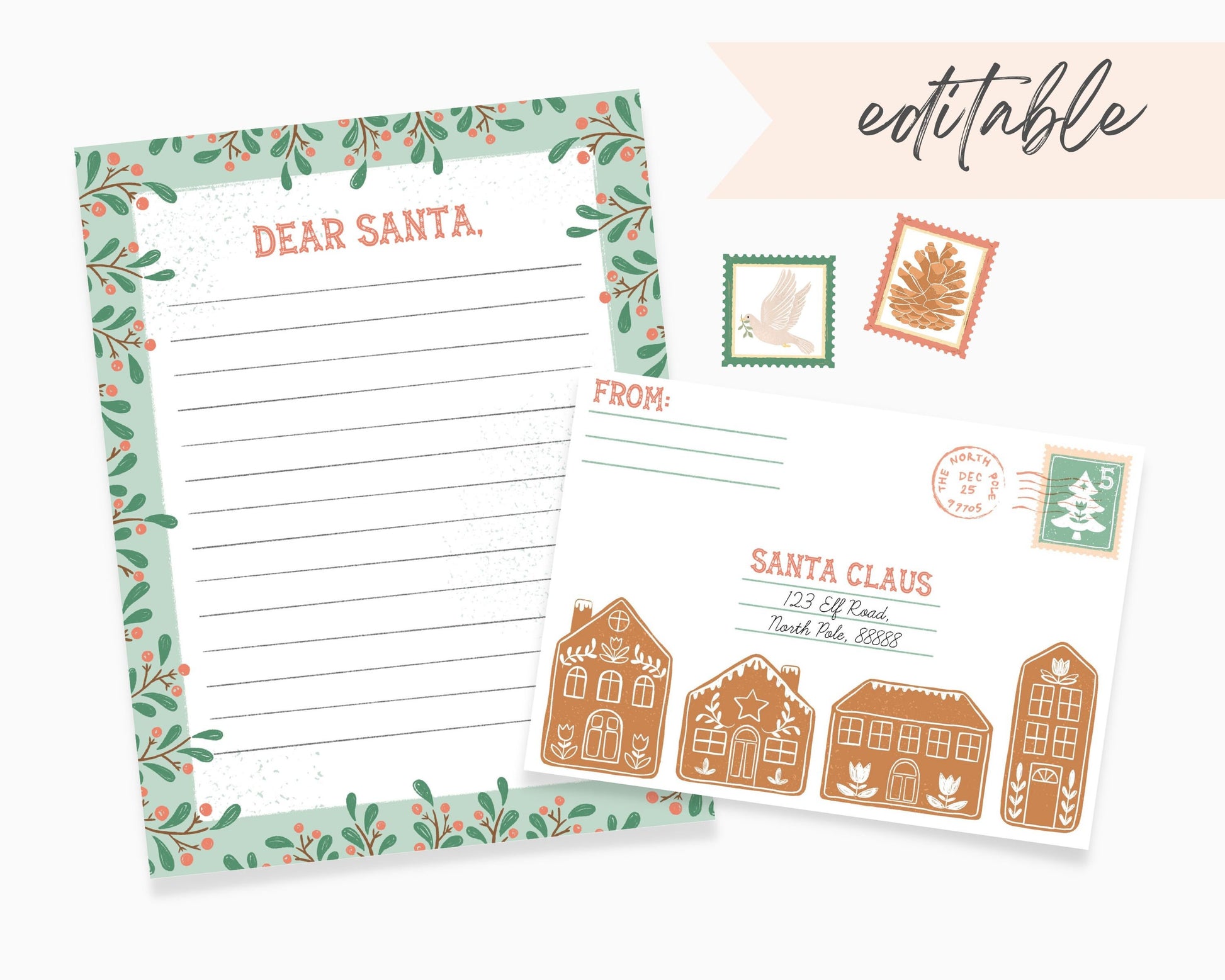 Santa Letter Template and Envelope, Personalized Letter from Santa, Printable Christmas Activity, Kindergarten Holiday Activity, Editable