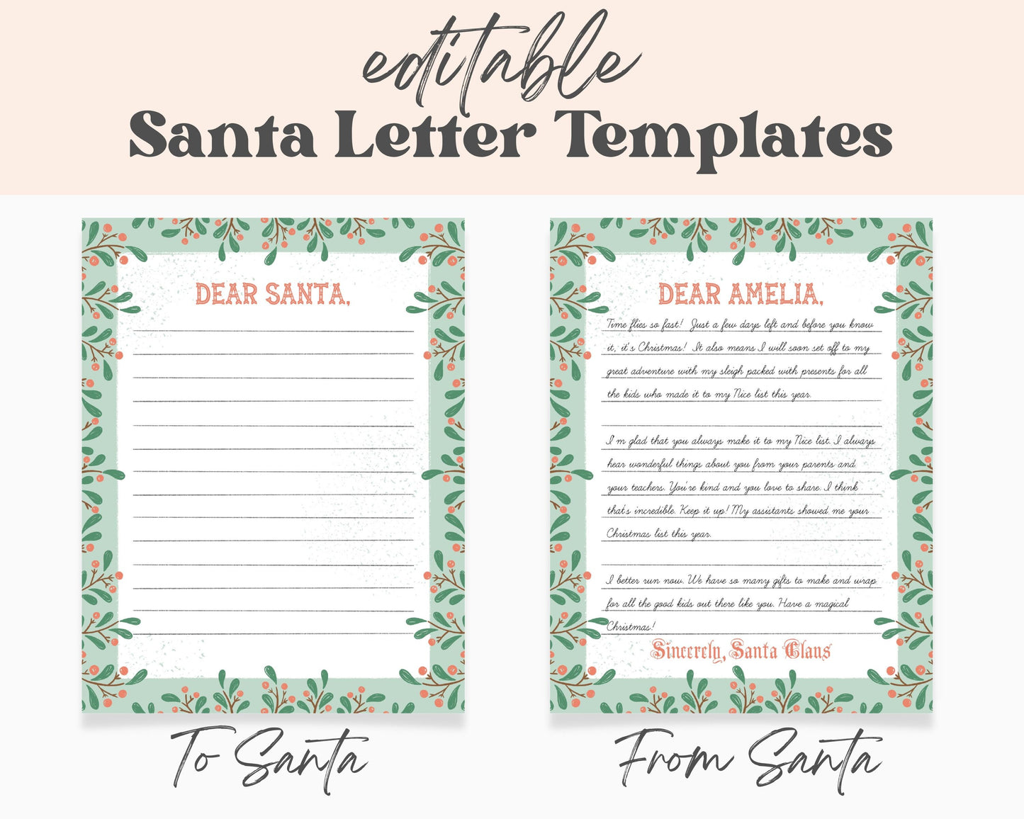Santa Letter Template and Envelope, Personalized Letter from Santa, Printable Christmas Activity, Kindergarten Holiday Activity, Editable