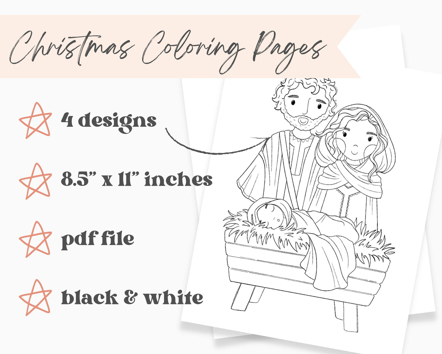 Nativity Christmas Coloring Pages 4 Sheets Jesus Nativity Preschool Kindergarten Activity Homeschool Bible Curriculum Download Printable