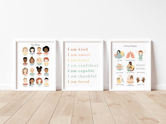 Feelings & Emotions Chart Print, Set of 3, Calming Corner Montessori Educational Homeschool Wall Art Classroom Decor Download Printable
