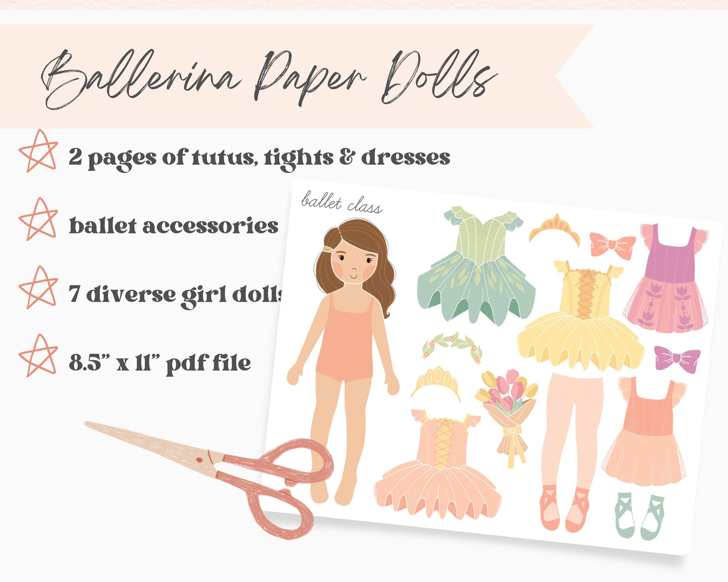 Ballerina Princess Paper Dolls Printable Activity Craft Ballet Birthday Part Gift Princess Party Favor Homeschool Kindergarten Montessori