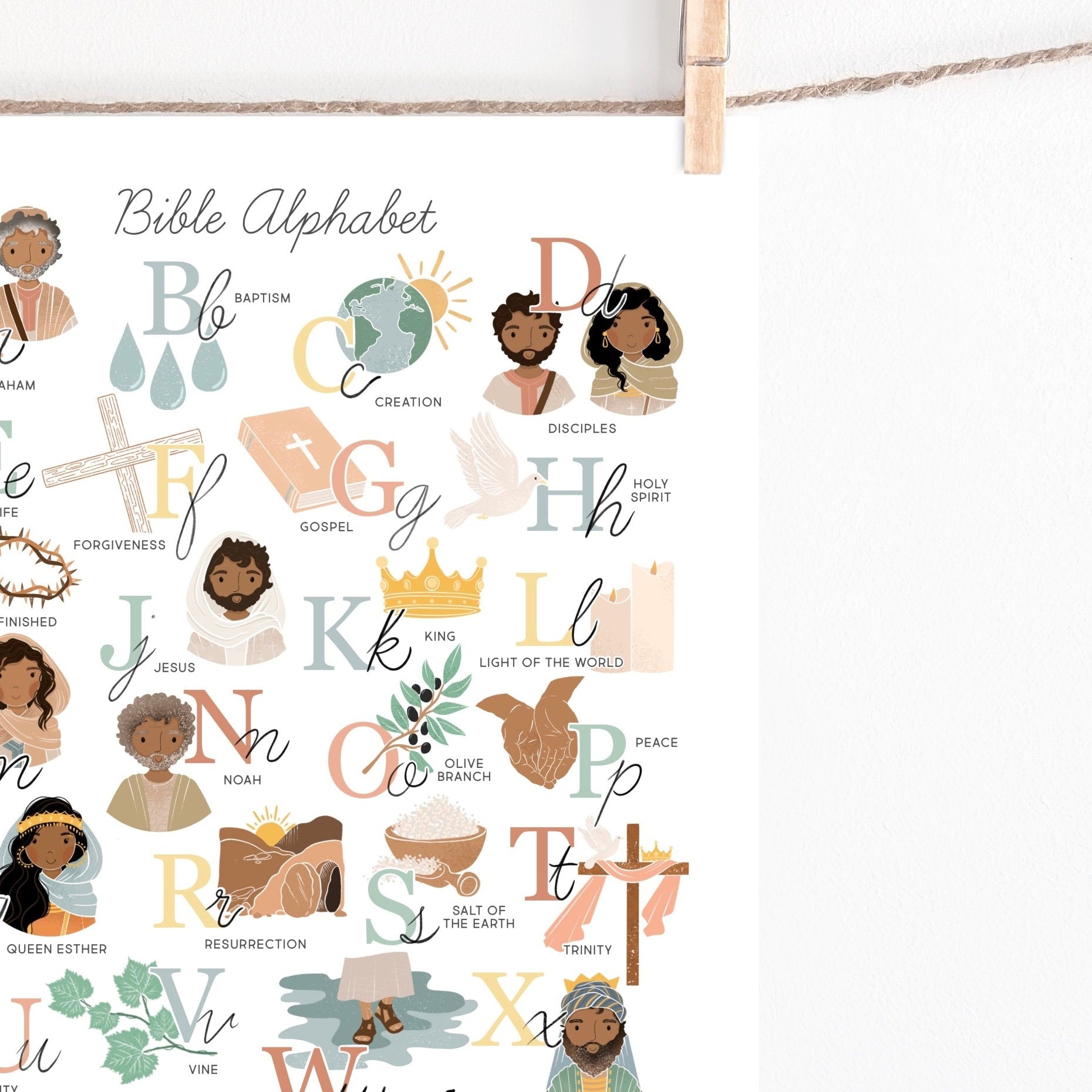 Bible Alphabet Kids Artwork Poster ABC Bible Scripture Preschool Art, Jesus Christian Kids, Nursery, Church Sunday School Art Printable