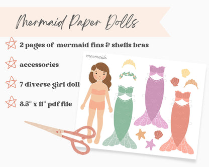 Mermaid Paper Dolls Printable Activity Craft Mermaid Birthday Part Gift Princess Party Favor Homeschool Kindergarten Montessori