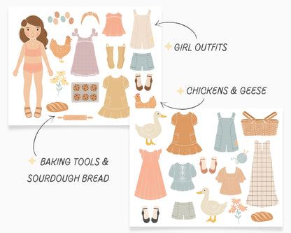 Paper Dolls Homestead Homeschool Collection, Kindergarten Activity, Farm & Baking, Paper Cut Out Printable Dolls Craft, Morning Basket Pre K
