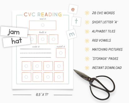 CVC Activity, Phonics Lesson, Kindergarten Reading, CVC Word Building, Writing Practice, Homeschool, Learn to Read, Short Letter A Words