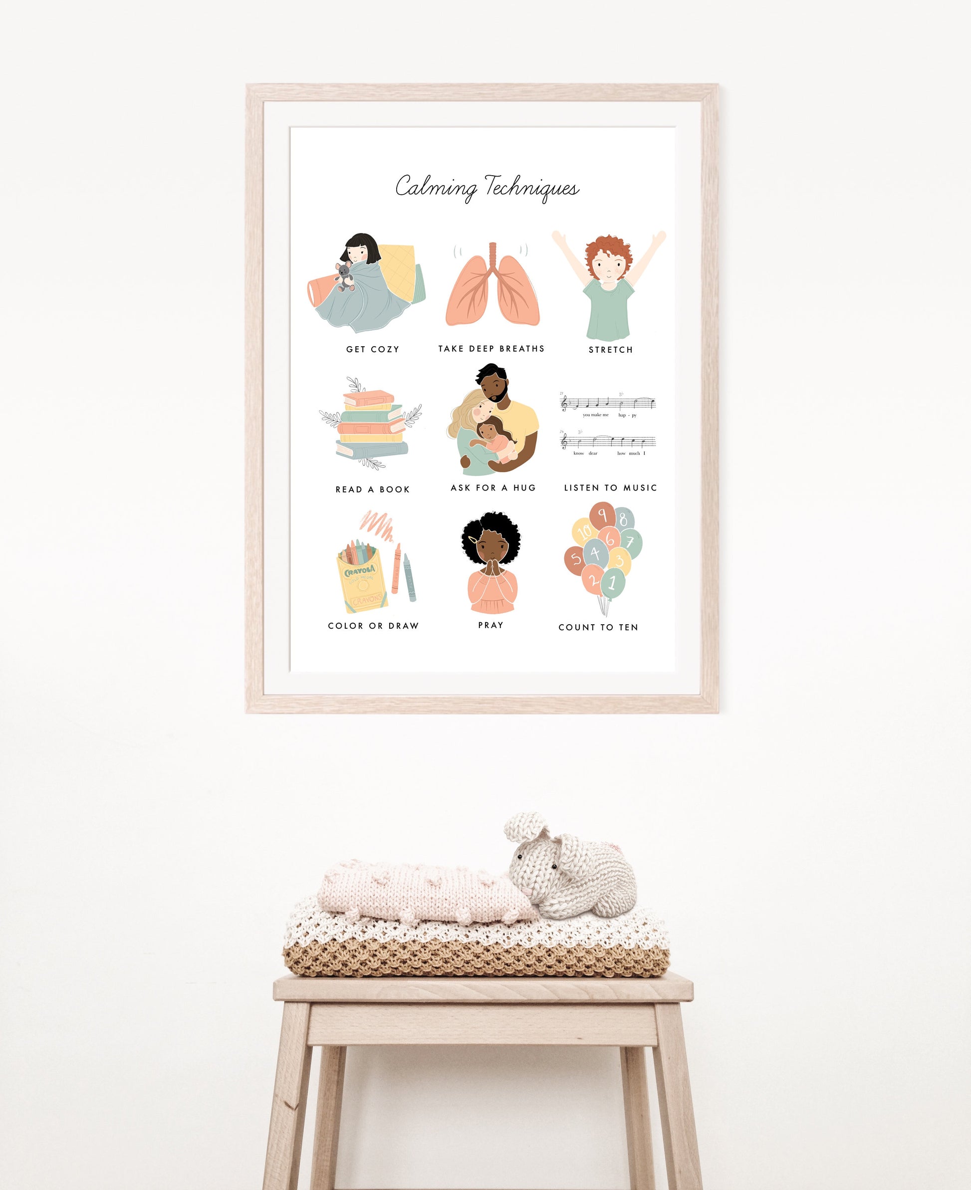 Calming Techniques Chart Illustration Poster| Calming Corner, Montessori, Education, Nursery, Classroom Poster| Download Printable Art |