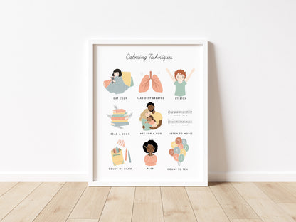 Calming Techniques Chart Illustration Poster| Calming Corner, Montessori, Education, Nursery, Classroom Poster| Download Printable Art |