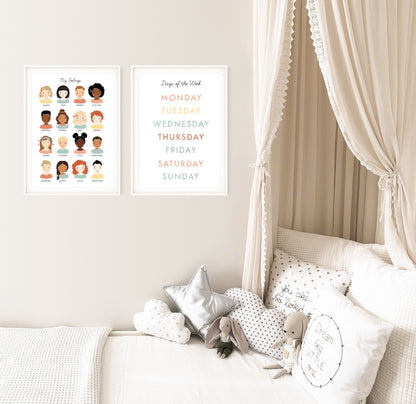 Weekdays Chart Illustration Artwork Print Poster| Calming Corner, Montessori, Education, Nursery, Classroom Poster| Download Printable Art |
