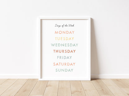 Weekdays Chart Illustration Artwork Print Poster| Calming Corner, Montessori, Education, Nursery, Classroom Poster| Download Printable Art |