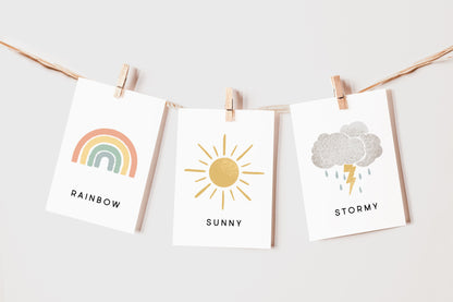 Weather Flash Cards | Calming Corner, Montessori, Education, Nursery, Classroom Poster| Download PRINTABLE Art | 3.5” x 4.5” | Digital