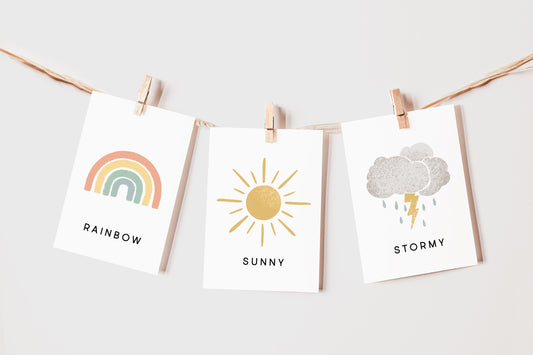 Weather Flash Cards | Calming Corner, Montessori, Education, Nursery, Classroom Poster| Download PRINTABLE Art | 3.5” x 4.5” | Digital