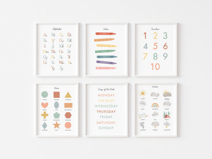 Educational Wall Art Classroom Decor Artwork, Set of 6, Homeschool Montessori Printable, Nursery Decor, Digital Download Artwork Poster