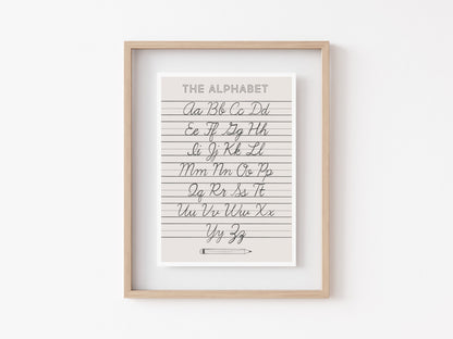 Cursive Alphabet ABC Neutral Poster Print, Calming Corner Montessori Educational Homeschool Wall Art Classroom Decor Download Printable