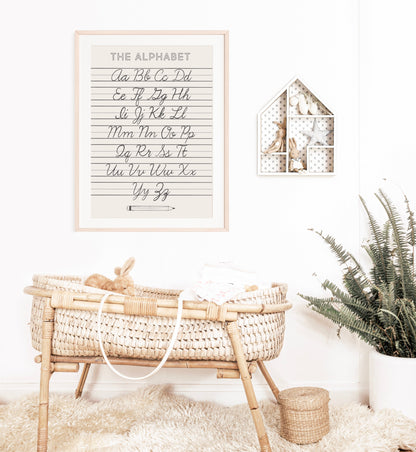 Cursive Alphabet ABC Neutral Poster Print, Calming Corner Montessori Educational Homeschool Wall Art Classroom Decor Download Printable