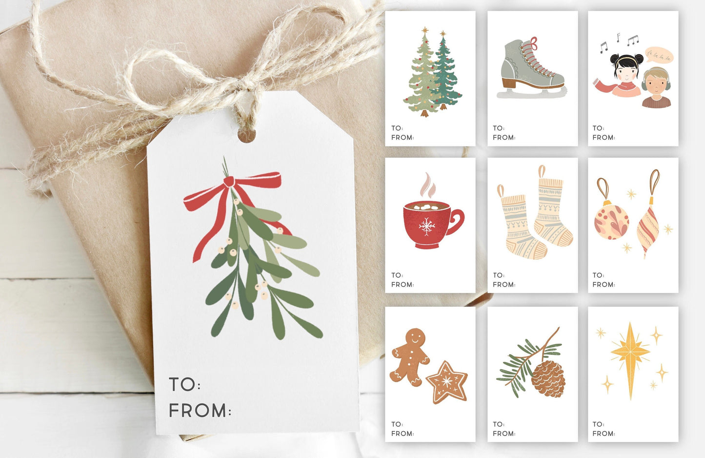 Editable Printable Christmas Gift Tags Favors Holiday | Nativity, Mistletoe, Stockings, Tree, Cookies Tags | Download PRINTABLE