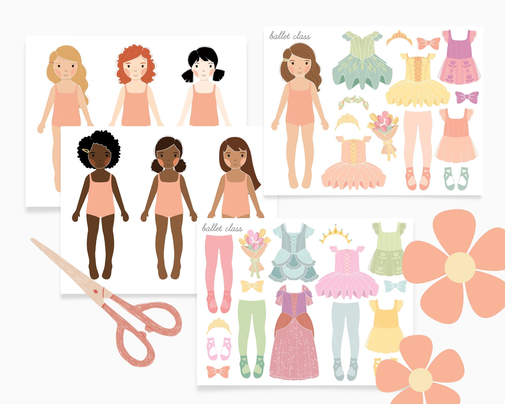 Ballerina Princess Paper Dolls Printable Activity Craft Ballet Birthday Part Gift Princess Party Favor Homeschool Kindergarten Montessori